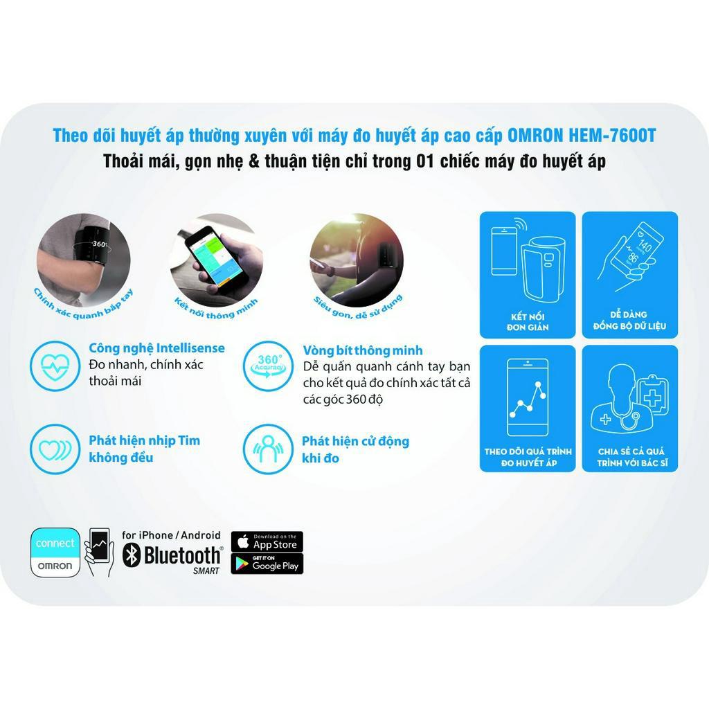 ✅ OMRON HEM-7600T - Máy đo huyết áp bắp tay tự động 7600 T, vòng bít thông minh, Bluetooth kết nối điện thoại Chính hãng