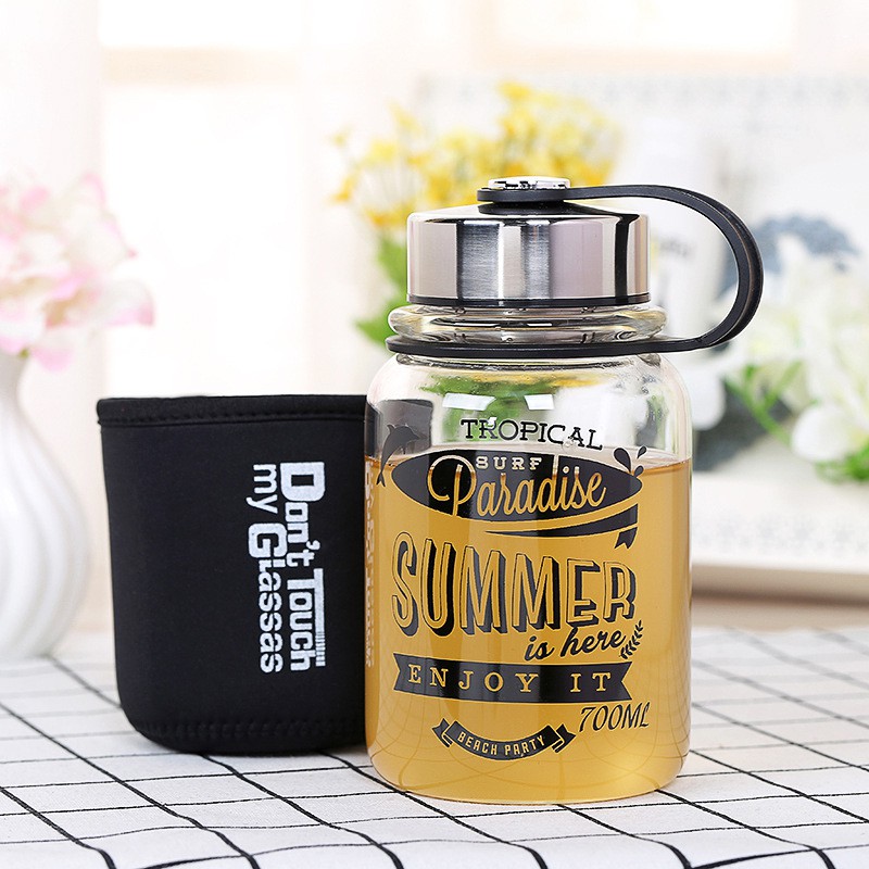 Bình đựng nước thuỷ tinh cao cấp TROPICAL PARADISE 700ml có ngăn pha trà Inox SUS 304 - Chịu nhiệt - Hoa Văn cao cấp