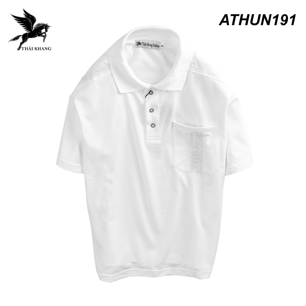 Áo thun nam có cổ trung niên tay lỡ THÁI KHANG vải cotton mềm có túi form rộng thêu vai ATHUN19