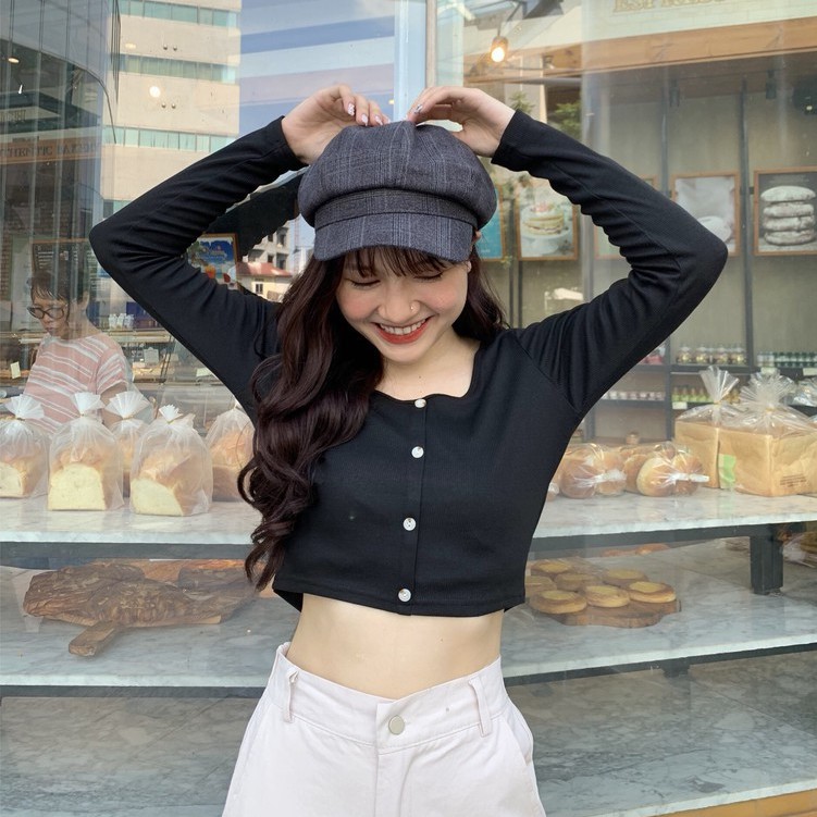 ÁO CROPTOP TAY DÀI CHẤT LIỆU LEN TĂM KIỂU DÁNG ÁO CROPTOP TAY DÀI CÚC DỌC SIÊU RẺ