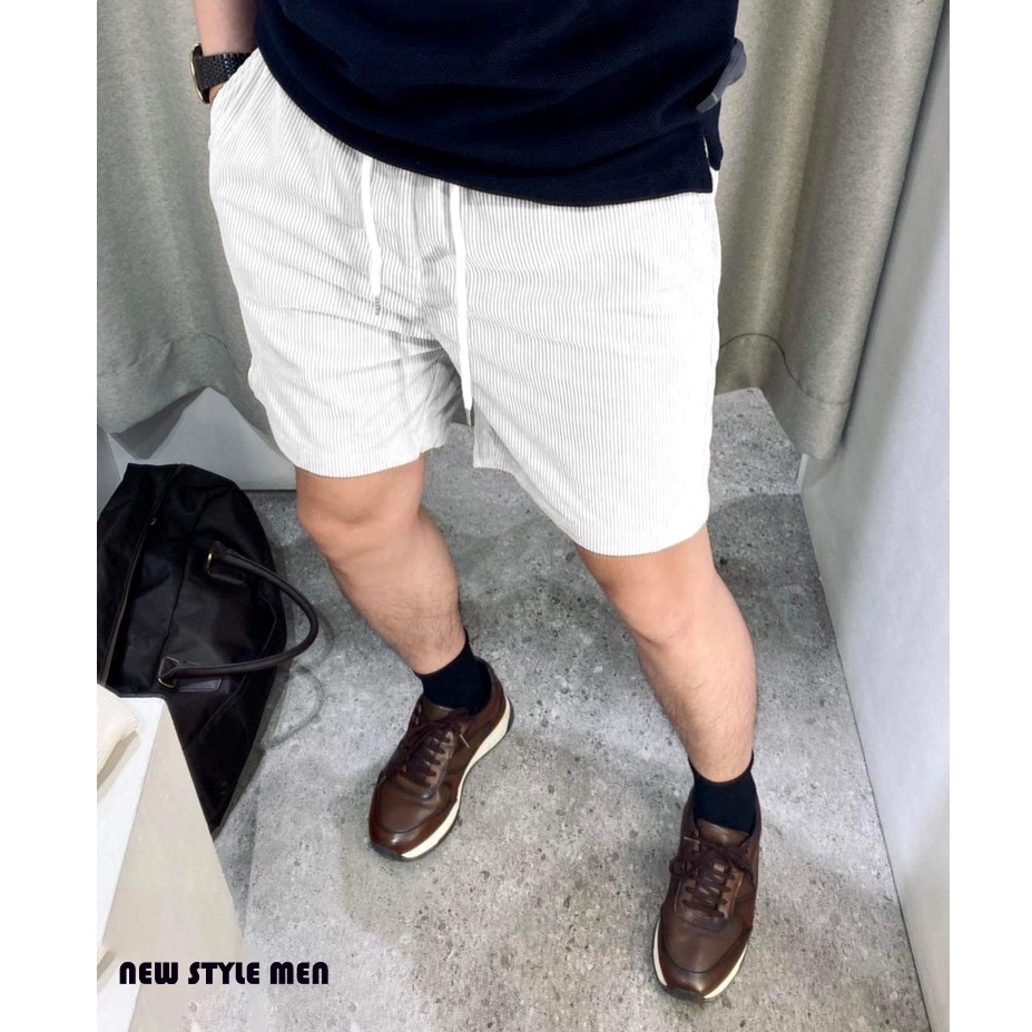 -Quần short nam nhung tăm DENIM màu Trắng kem phong cách