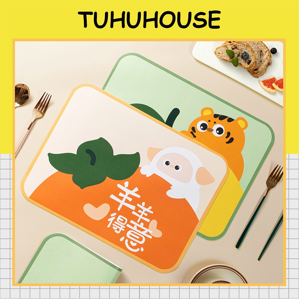 Tấm lót bàn ăn bằng da PU cách nhiệt, tấm thảm da trải bàn ăn hoạt hình chống trơn trượt – TUHUHOUSE