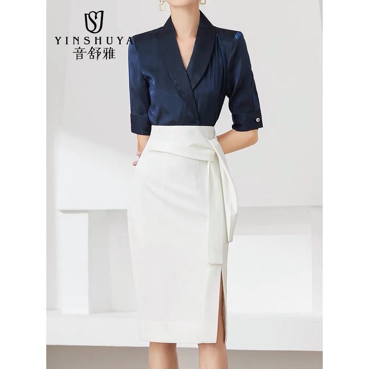 Chân váy bút chì xẻ trước công sở thời trang, dáng dài qua gối, Bút chì xẻ trước 2 dây nơ to d68cm