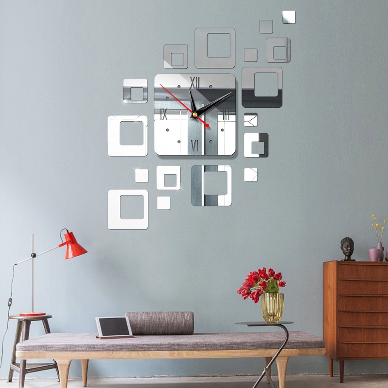 Đồng Hồ Dán Tường 3D DIY Dạng Vuông Mặt Gương Acrylic Phong Cách Hiện Đại Trang Trí Nhà Cửa