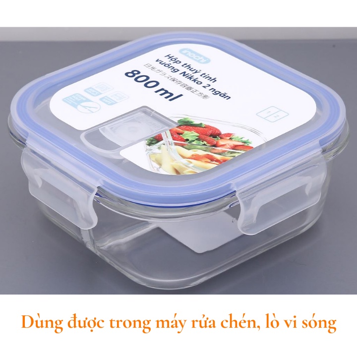 Hộp cơm thủy tinh đựng thức ăn văn phòng, thực phẩm vuông Inochi Nikko Nhật Bản chịu nhiệt, chia 1, 2, 3 ngăn Vapu HCM