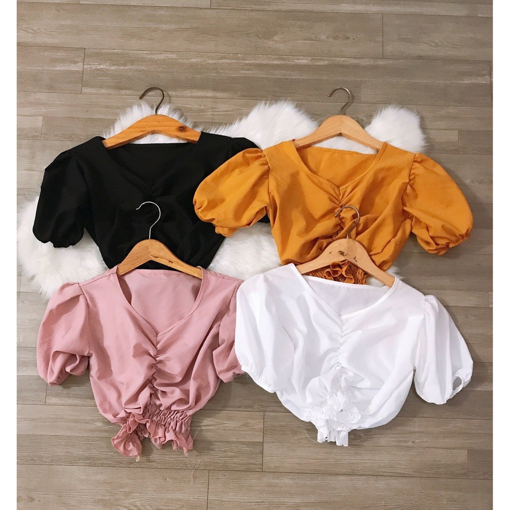 Áo Voan Tay Ngắn Cổ Vuông Form Croptop Nhúm Ngực Kết Hợp Bo Eo Quyến Rũ TTS0936