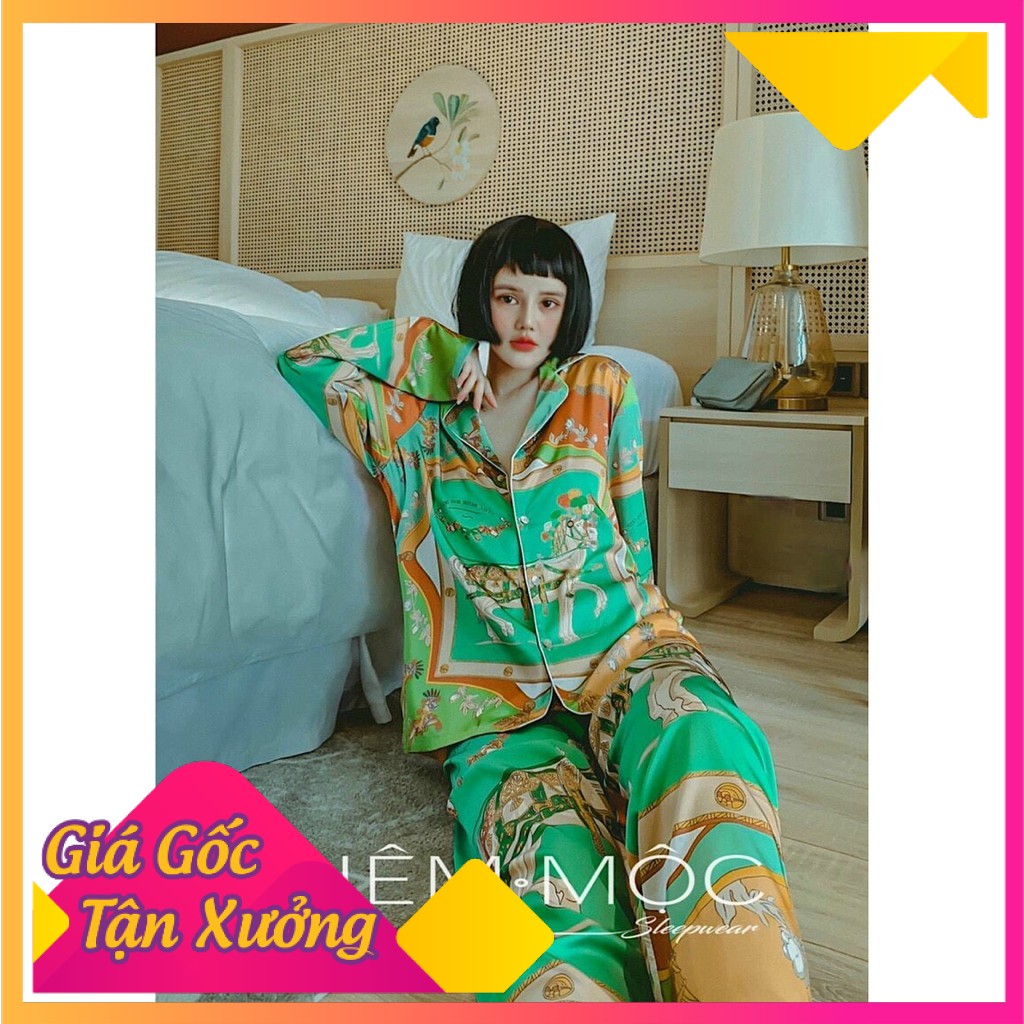 Bộ đồ ngủ mặc nhà LyLy dài tay lụa satin kiểu pijama hoạt tiết sang trọng L234 | BigBuy360 - bigbuy360.vn