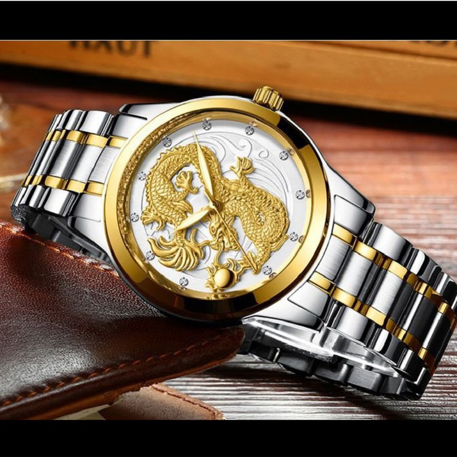 Đồng hồ nam dây thép đúc cao cấp mặt chạm khắc hình rồng vàng uốn lượn độc đáo - Tặng kèm hộp Giá: 299k