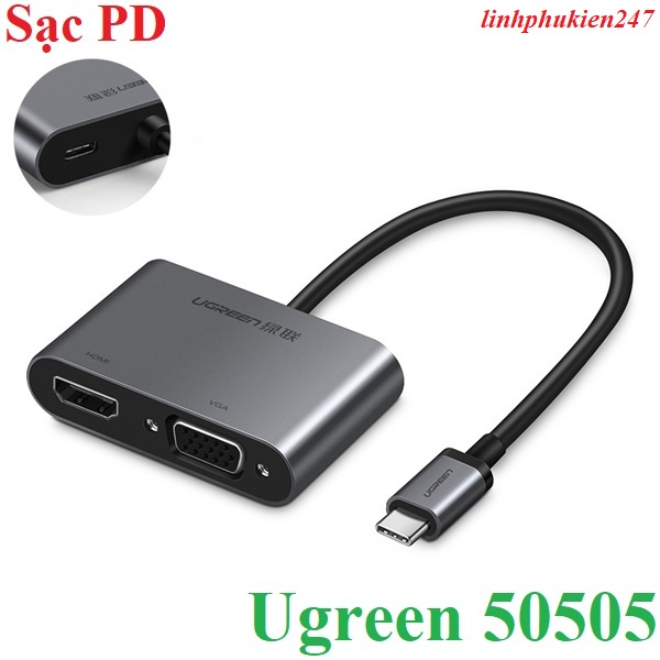 Cáp chuyển đổi USB Type-C to HDMI/VGA/Sạc PD 4K30Hz Ugreen 50505 cao cấp (vỏ nhôm)