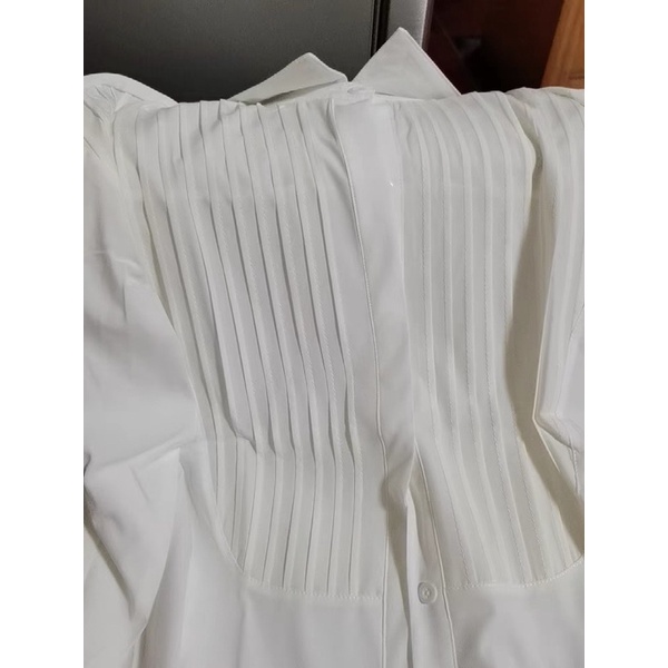 Áo sơ mi cổ đức kiểu polo chất voan xếp ly ngực dài tay phong cách trẻ trung