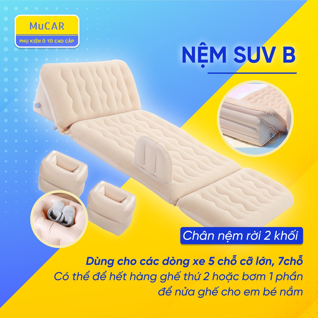 Nệm hơi cao cấp cho xe ô tô,tạo cảm giác thoải mái cho những chuyến đi xa,phủ nhung cao cấp,có tặng kèm bơm điện và gối
