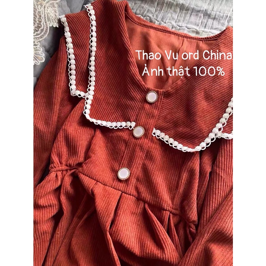 Váy đầm dự tiệc nhung tăm chất dày dặn hai màu đỏ cam đen giáng sinh diện Tết thu đông