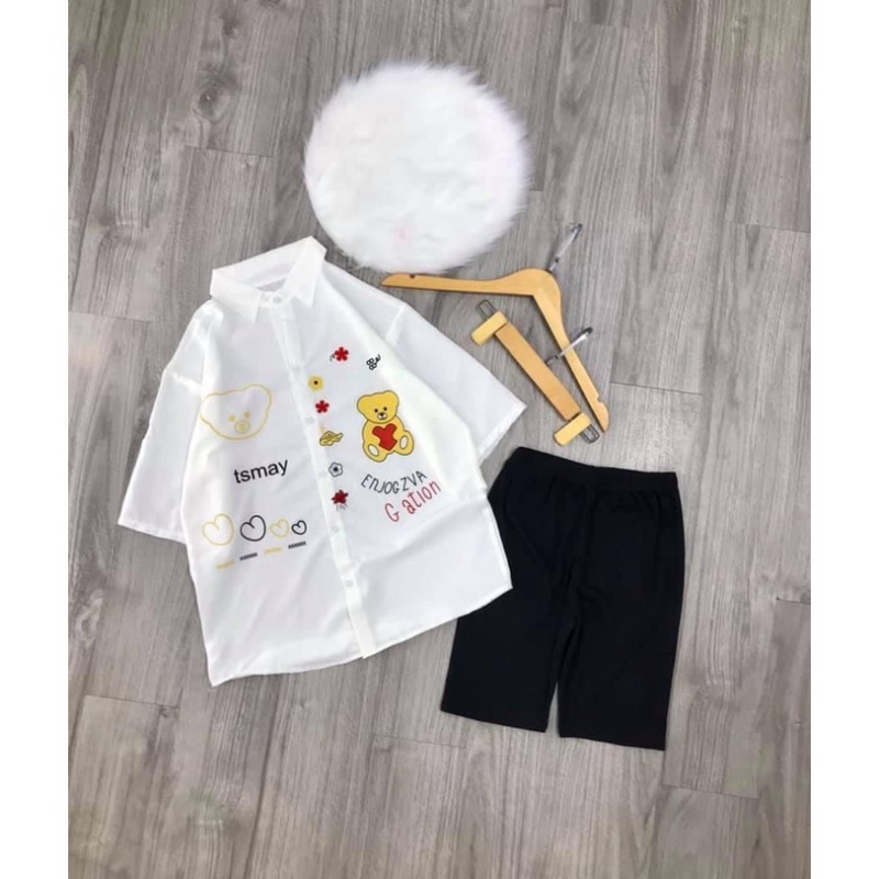 [HCM] Set bộ nữ, set bộ áo sơ mi from rộng quần thun icon dễ thương from 60kg SKUS-117