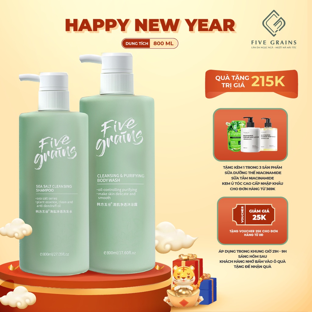 Combo dầu gội, sữa tắm nước hoa muối biển Five Grains 800ml