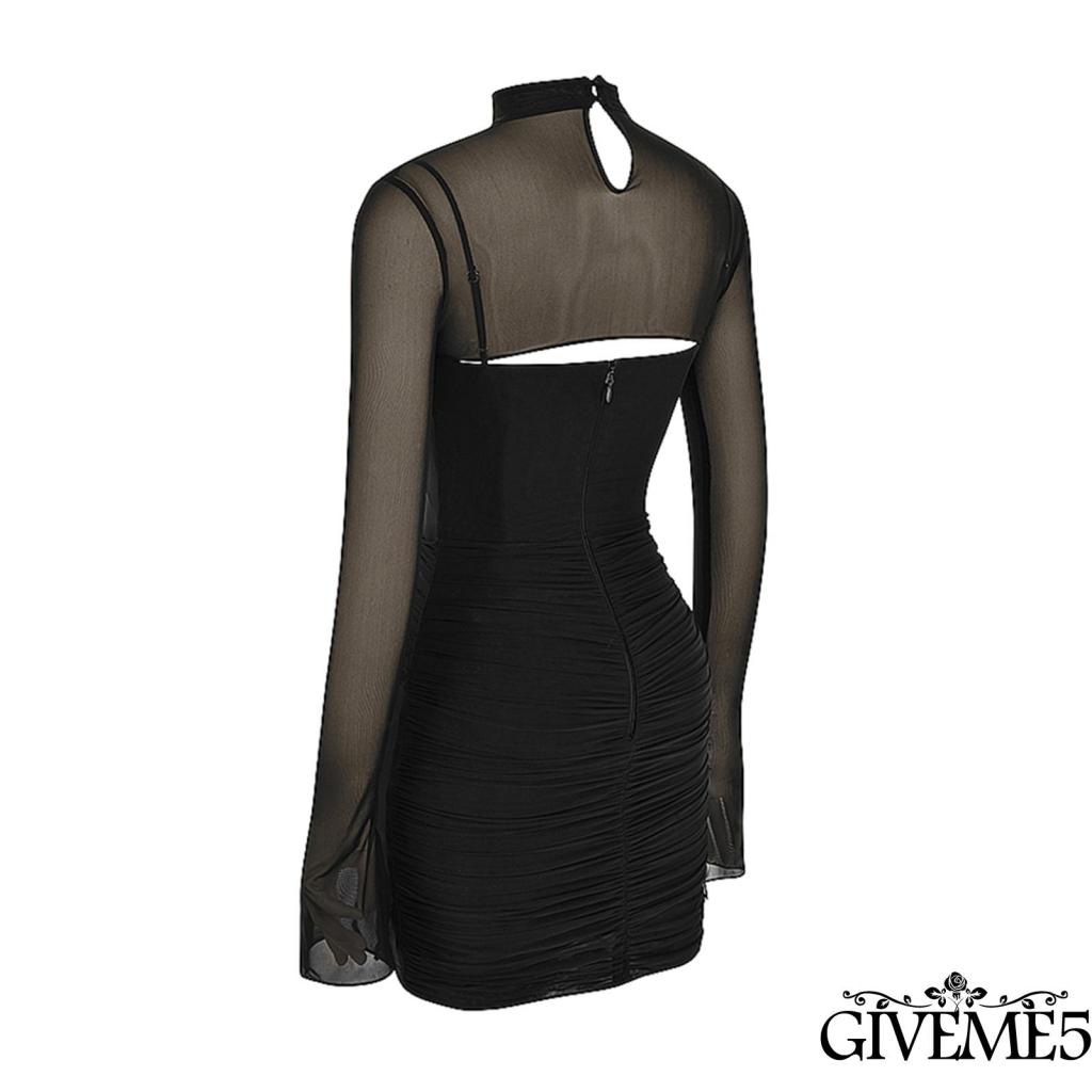 Đầm Tay Loe Dài Phối Lưới Màu Đen Trơn Thời Trang Cho Nữ