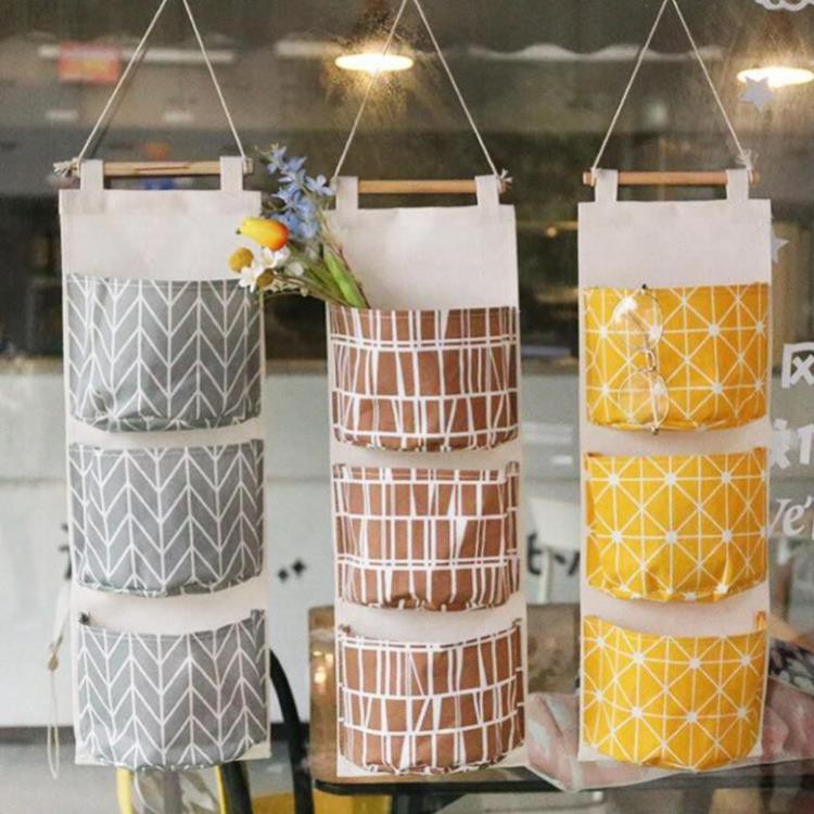 Túi kẻ 3 ngăn đựng đồ treo tường bằng vải bố bền đẹp chống thấm (TTT04) bibi_shop1990 mới về 2021