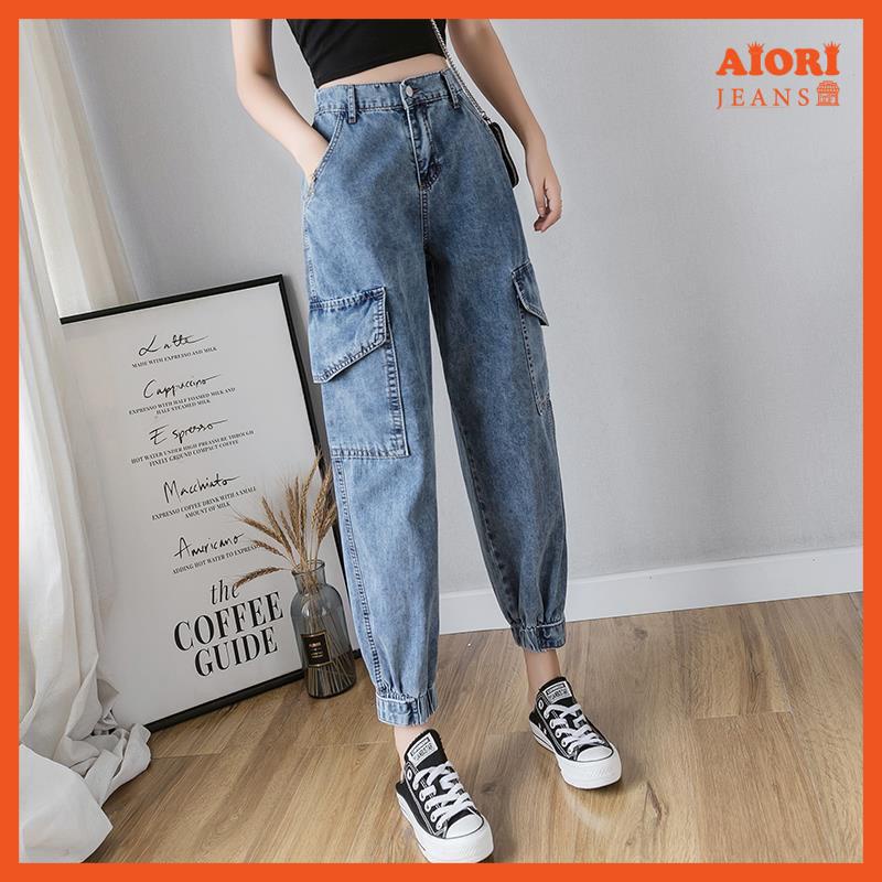 Quần Jeans Nữ, Quần Baggy Jeans Lưng Cao Túi Hộp Ống Bo Túm Jogger Cạp Cao Form Ulzzang Phong Cách Thời Trang