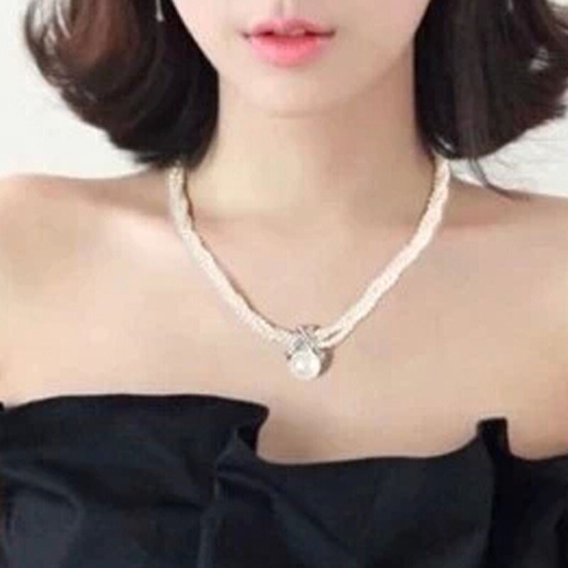 Dây Chuyền Ngọc Trai Nhiều Lớp Xoắn Chéo Đính Hạt Ngọc Trai Phụ Kiện Cô Dâu Mới