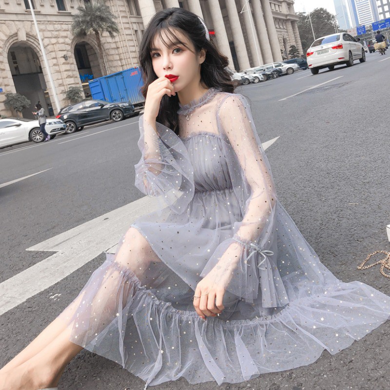 ( Sẵn xám M, L ) - Váy Lưới Kim Sa Công Chúa Nhẹ Nhàng Sang Trọng - Hàng Quảng Châu
