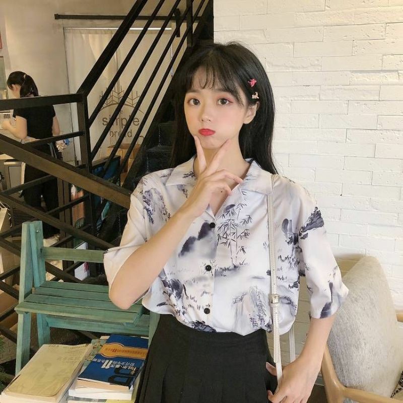 Áo Sơ Mi Nữ In Họa Tiết Tranh Sơn Thủy Form Rộng Unisex Ulzzang