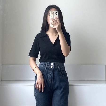 Áo Polo Nữ Ngắn Tay Cổ V Chất Thun Co Dãn Thiết Kế Basic Style Ulzzang | BigBuy360 - bigbuy360.vn