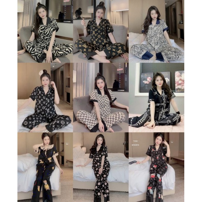 Bộ lụa Mango pijama tay ngắn cổ nhọn