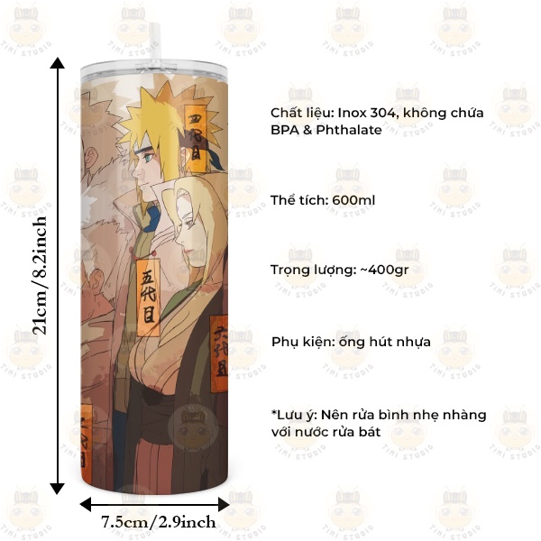 Bình Giữ Nhiệt Hình Hokages Naruto - 600ml - Inox 304 - Tặng Túi Xách - Tỉ Mỉ Studio