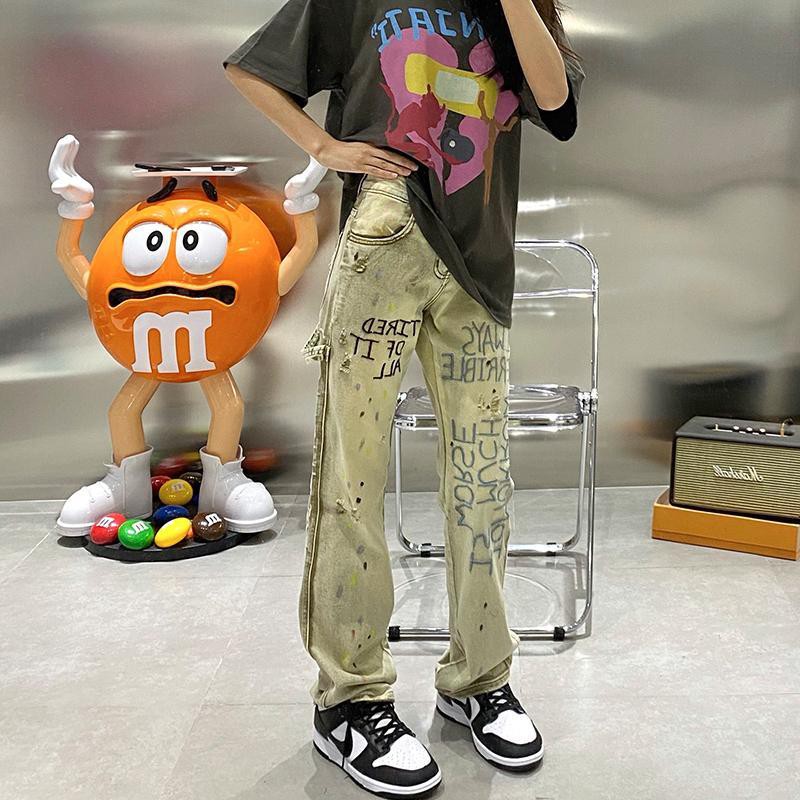 Quần Jean ống rộng lưng cao thêu họa tiết chữ thời trang Hip hop mùa thu sành điệu mới cho nữ