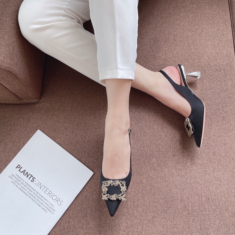 Sandal cao gót lụa khoá đá vuông siêu hot hit fullbox