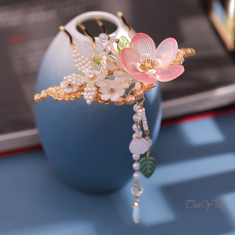 GETNOIVAS Trâm Cài Tóc Hình Hoa Đính Ngọc Trai Phối Tua Rua Phong Cách Trung Hoa Cổ Điển Cho Nữ
