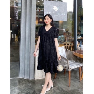 Váy bầu – Đầm bầu hè Thời Trang ( Ren Hai Lớp Cổ V Mã 123 )