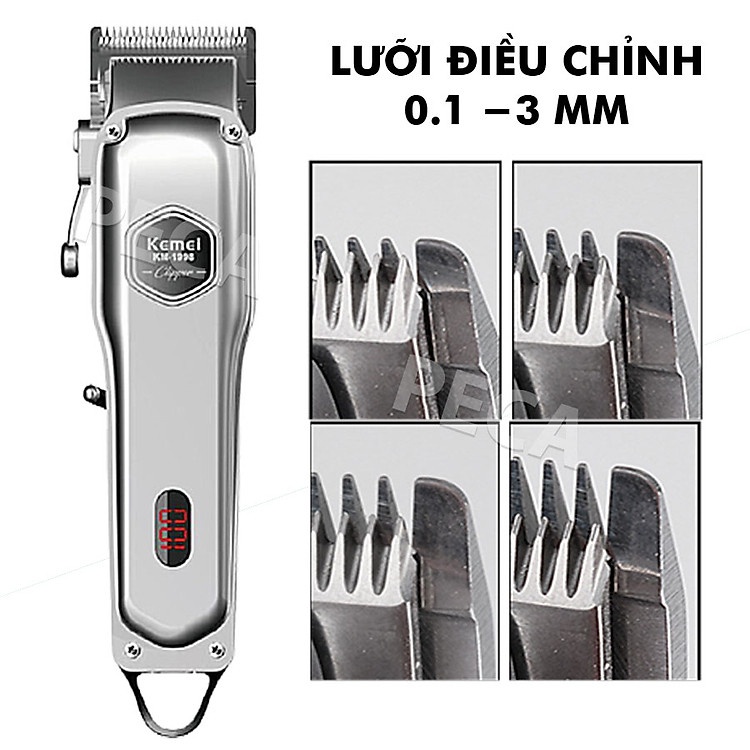 Tông Đơ Cắt Tóc Chuyên Nghiệp Kemei  KM-1998 Thân Nhôm Nguyên Khối,Pin Lithium 2000mah Tặng Bộ 4 Cữ, Màn Hình LED.