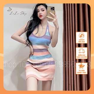 Váy len cổ yếm mix màu