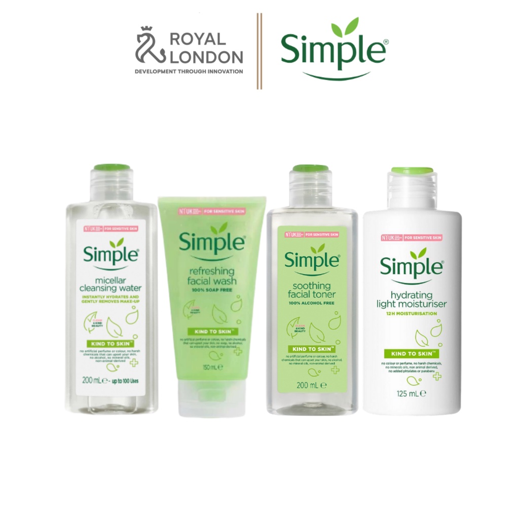 Combo Chăm Da Cơ Bản SIMPLE Nước Tẩy Trang 200ml + Sữa Rửa Mặt 150ml + Toner 200ml + Sữa dưỡng 125ml