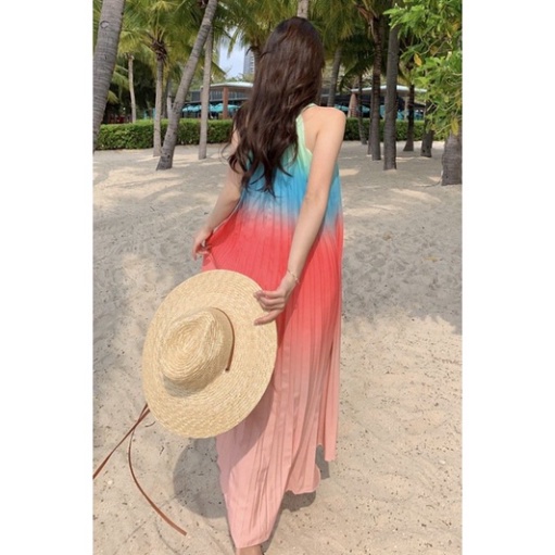 Maxi đi biển xếp ly dự tiệc đầm váy maxi dáng dài xòe hở lưng cổ yếm kiểu Hàn Quốc thiết kế sang chảnh 8500 CT-40