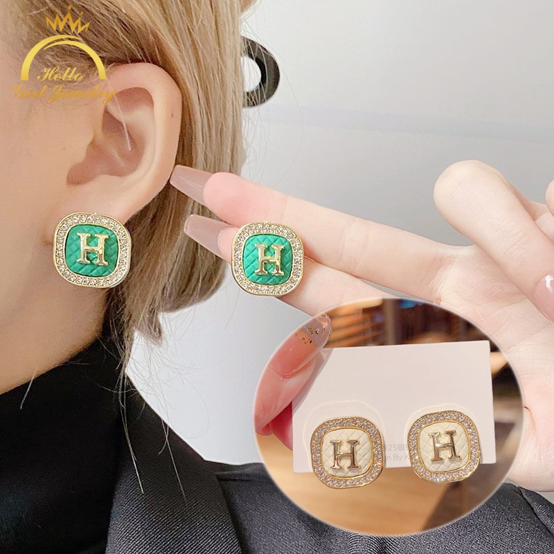 Bông Tai Chữ H Màu Xanh Lá Nhạt Sang Trọng Chất Lượng Cao Phong Cách Retro