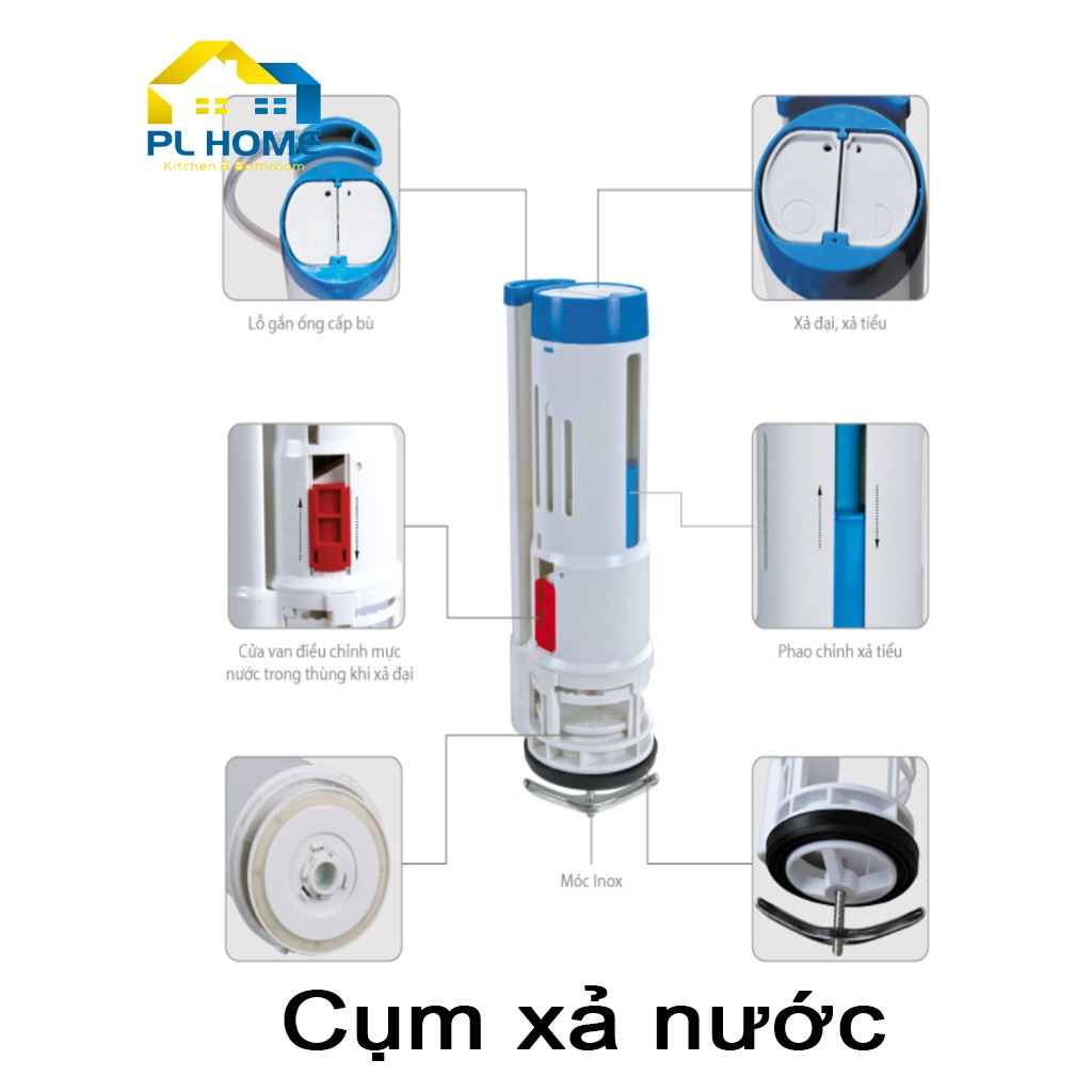 Bộ xả bồn cầu 2 nút nhấn cao cấp dành cho cầu liền khối, chống nước phèn, chịu áp suất cao