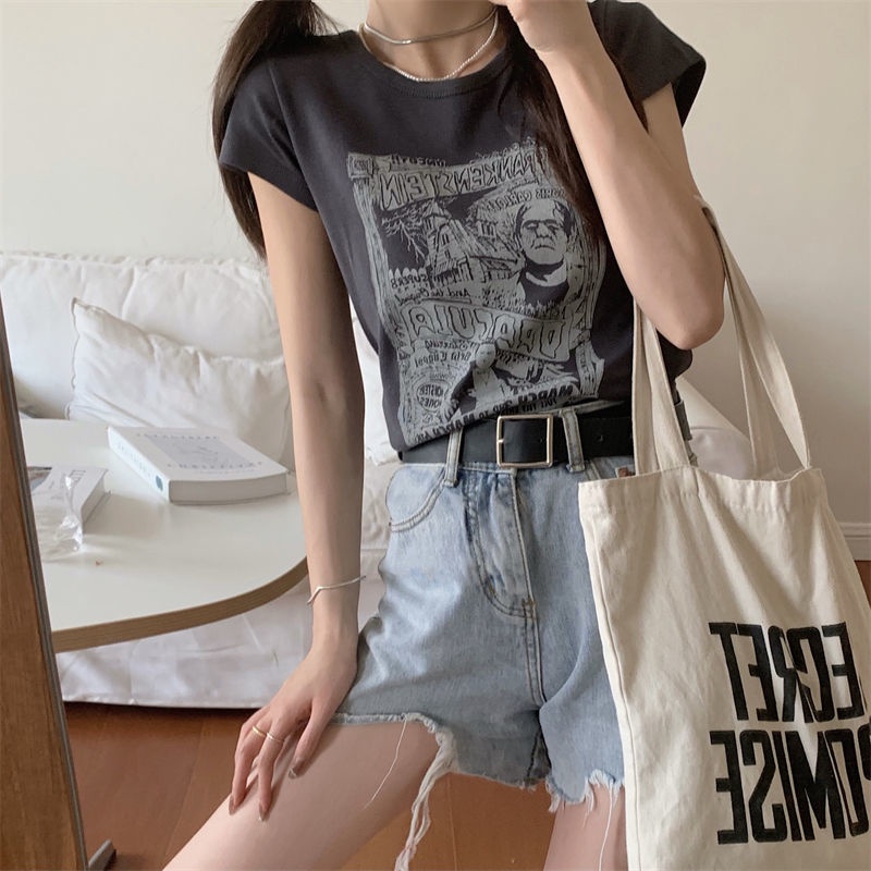 Áo Thun Tay Ngắn In Hình Phong Cách Retro Hàn Quốc Cho Nữ