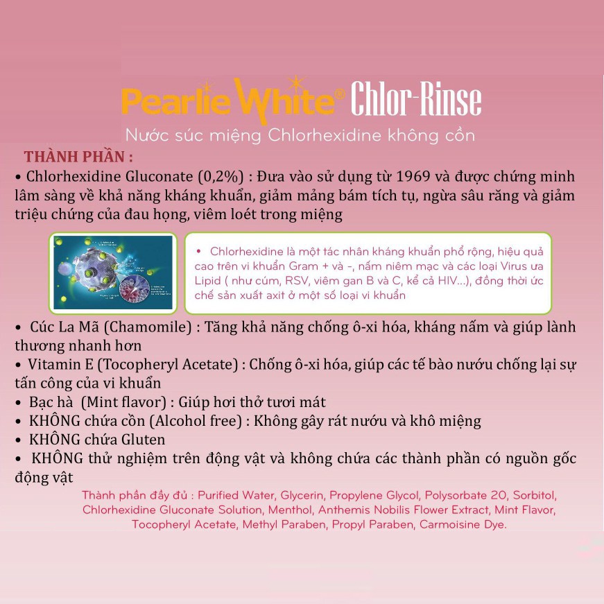 Nước súc miệng Pearlie White Singapore chứa 0.2% Chlorhexidine KHÔNG CHỨA CỒN sát khuẩn