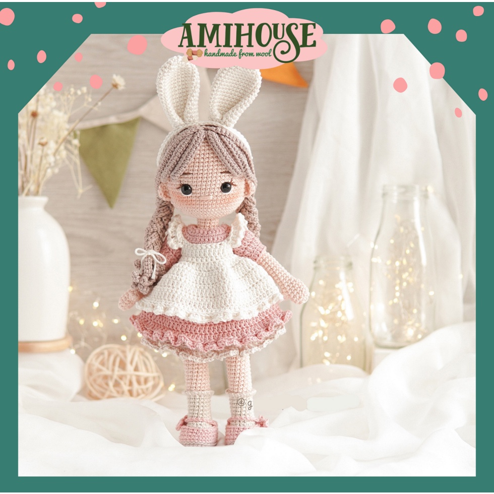 Búp bê Rosie tai thỏ bằng len móc handmade cho bé, gấu bông len móc, 100% sợi cotton - Ami House