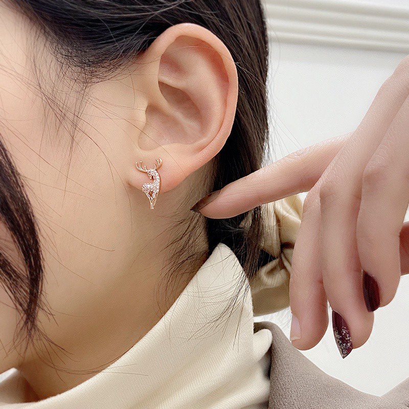 Bông Tai Hình Tuần Lộc Đính Đá Lấp Lánh Phong Cách Hàn Quốc Hoạt Hình