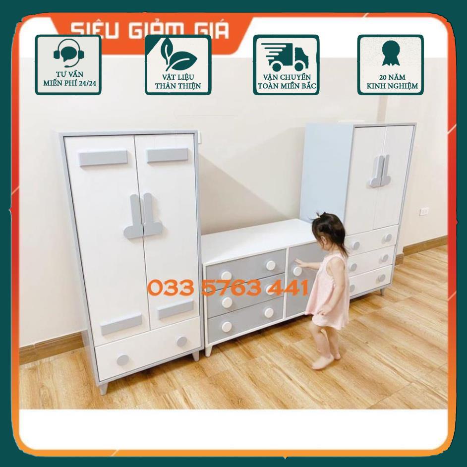 Tủ trẻ em kích thước 120x60cm gỗ MDF phủ melamine tủ có thanh treo quần áo và ngăn kéo có ray trượt.