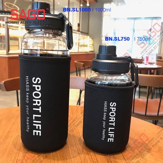 Bình nước thủy tinh thể thao có túi giữ nhiệt sang trọng 750ml | 1000ml , thủy tinh cao cấp