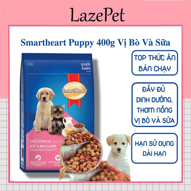 Thức ăn cho Chó con Hạt SmartHeart Puppy vị Thịt bò và Sữa túi 400g