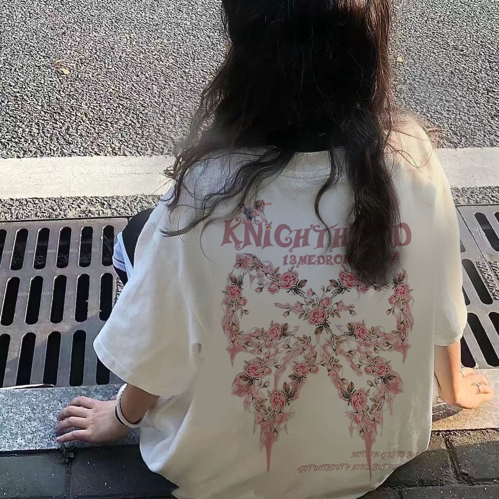 Jiashucheng Áo Thun Ngắn Tay Dáng Rộng In Họa Tiết Hoa Hồng Thắt Nơ Kiểu Retro Mỹ Dễ Phối Đồ Hợp Thời Trang Mùa Hè
