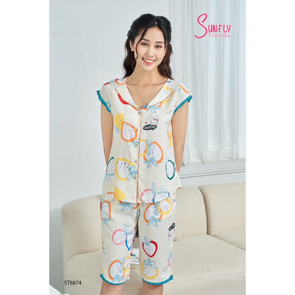 Bộ Đồ Mặc Nhà Nữ Pyjamas Lanh SUNFLY Áo Tay Hến Quần Trên Gối ST8874
