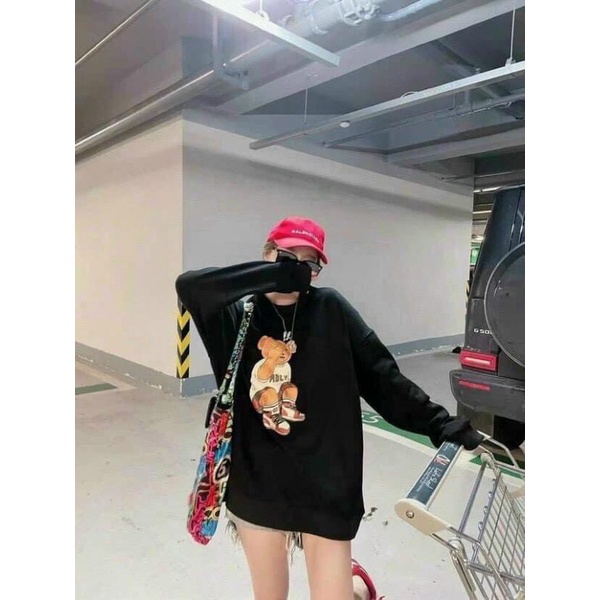 Áo Sweater Hình Gấu Ngồi Che Mắt ADLV Form Rộng Unisex Tay BồNG, Chất Nỉ Cotton Dày Đẹp Hot Trends (ảnh thật 100%)