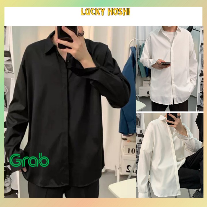✺☫❀Áo sơ mi nam form rộng tay dài OVERSIZE Hàn Quốc màu trắng đen kiểu cổ bẻ Nẹp Giấu Nút sang chảnh chất ngất ngây SMD0