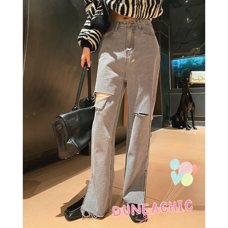 DUNEA Quần Jeans Nữ Lưng Cao Ống Rộng Thời Trang Hàn Quốc Cá Tính