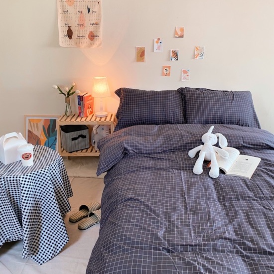Bộ chăn ga gối Cotton Poly caro đen kẻ trắng MÂY BEDDING đủ kích thước nệm